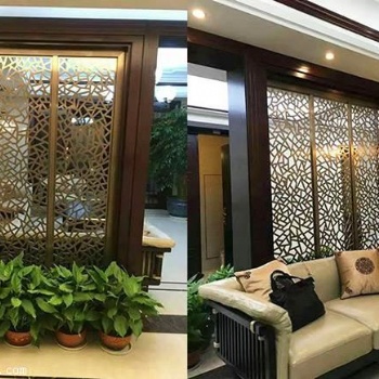 現(xiàn)代客廳酒店玫瑰金不銹鋼屏風金屬花格玄關鏤空雕花隔斷裝飾背景