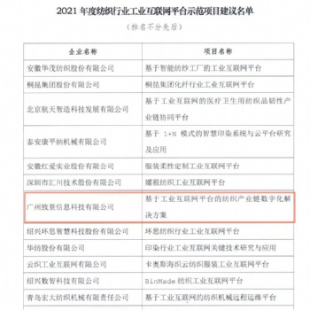 致景科技榮獲紡織行業(yè)工業(yè)互聯(lián)網(wǎng)平臺示范項目