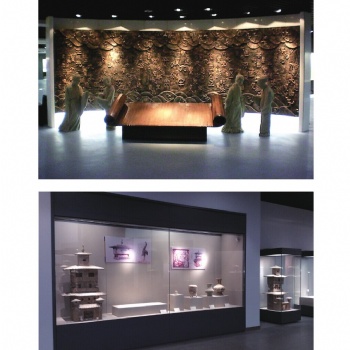 收藏館低反射玻璃文物柜制作-電動(dòng)平移門博物館展柜廠